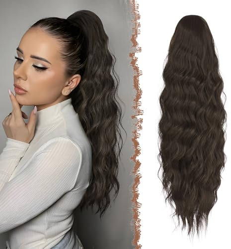 FESHFEN Coda Capelli Extension Ondulati Lunghe, Coda Finta Capelli con Pettine Sintetici Posticci Ponytail Ricci Onda Coda di Cavallo Extensions per Donne, 60 cm Marrone Nero