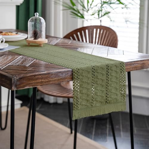 TischläUfer Boho Style, Tischläufer Grün Baumwolle, Makramee Modern Frühling Bauernhaus Klein Grün Table Runner, Küchen Hochzeit Party Esszimmer Esstisch Tabletop Dekorationen, Waschbar 30x140 cm
