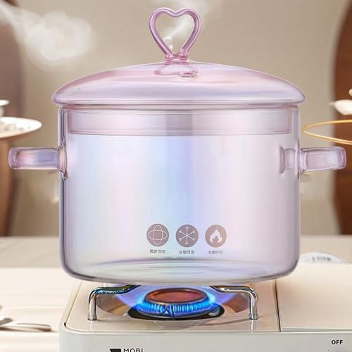 QSLKI 1.5L Pentola Di Cottura In Vetro, Pentola In Vetro Trasparente Resistente Al Calore Piano Cottura Pentola, Pentola In Borosilicato Con Doppia Maniglia Del Coperchi Per Pasta, Pasta (Amore)