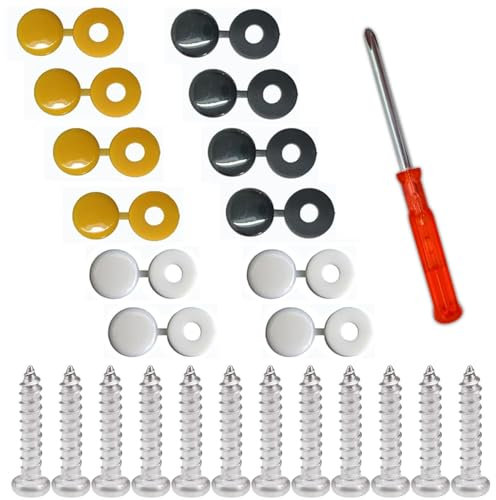 STASS Number Plate Screws and Caps UK Fixing Kit with Screwdriver. Black, Yellow, White Cap Covers to Hold Registration Plate for Car, Motorbike & DIY.