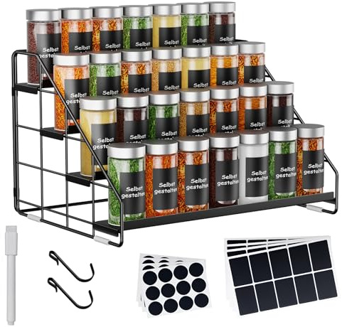 AHOMSEL 4-Tier Spice Rack Organiser - Height adjustable (2/3/4 levels) Spice Racks - Metal spice rack with S-hooks & labels - Spice organizer for kitchen, cupboard, bathroom