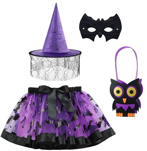 NebulaGlam Deguisement Halloween Enfant Sorciere, Costume Sorciere Enfant avec Chapeau de Sorcière, Masques, Chapeaux de Sorcière et Tutus, Enfants de 3 à 12 Ans, pour Halloween Cosplay Fête Carnaval