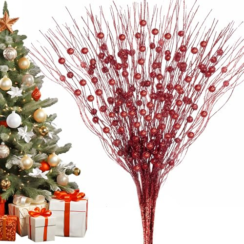 EHIOG 10 Adornos navideños de Bayas con Purpurina, 50 cm,centros de Mesa, arreglos Florales, Decoracion Follaje Artificial, para Bodas, Fiestas, Hogar, Arreglos Florales
