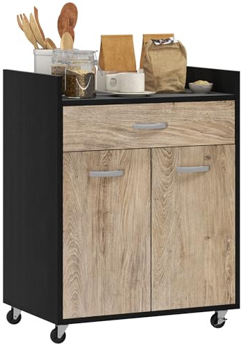 HOMCOM Chariot de Service desserte de Cuisine à roulettes tiroir Placard 2 Portes étagère en Bois Gris Effet Bois, Noir