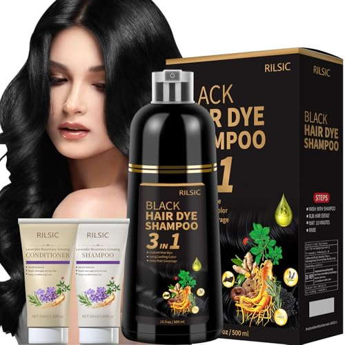 Black Hair Dye Shampoo for Grey Hair Beard Coverage | 600ml, 3 in 1 Hair Colour Shampoo, for Men & Women