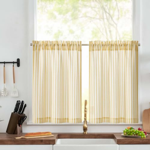 TOPICK Yellow Striped Kitchen Curtains, Cafe Curtain 2 Panels, W26xL24 Inch | Rod Pocket Small Curtain Tier 2 Panels, Light Filtering Short Half Window Curtains for Bathroom, Cupboard Base, Sink, RV