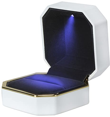 AVESON Luxury Ring Box, Square Velvet Ring Holder Case Jewellery Organiser Storage Gift Box with LED Light for Proposal Engagement Wedding, White