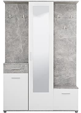 Arredo Stock Mobile da ingresso con armadio, portascarpe, specchio cassetto ed attaccapanni bianco con finiture effetto cemento, 133x197x33 cm