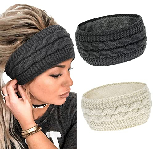 2 fasce per capelli invernali da donna, lavorate a maglia, spesse, ideali per lo sci, per la testa, per donne e ragazze, per lavori all'uncinetto, elasticizzate (grigio scuro + beige)