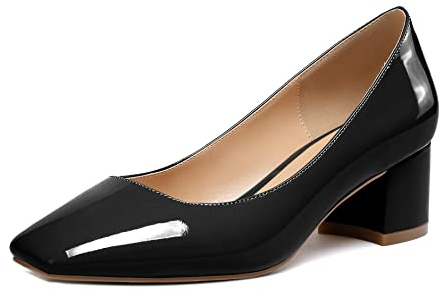 Elashe Femme Bout Carré Escarpins, 5cm Bloc Petit Talon, Bout Fermé À Enfiler Pumps Verni NoirEU38