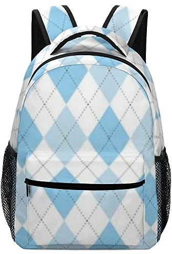 SJOAOAA Rucksäcke, Computer-Büchertasche, 16,5 Zoll, großes Fassungsvermögen, Argyle-Muster, Hellblau, Weiß, für Schule, Studenten, Geschäftsreisen, Freizeit, Wandern, Tagesrucksack