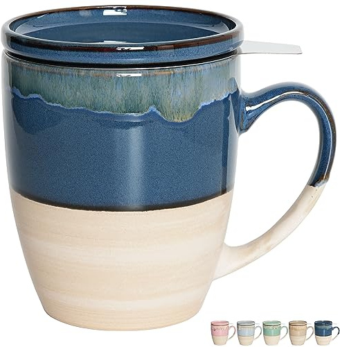Bosmarlin Ceramic Tea Cup with Infuser and Lid, 16 Oz, Dishwasher and Microwave Safe, 5 Colors to Choose, Reactive Glaze, Steeping Tea Mug with Strainer (Deep Blue)