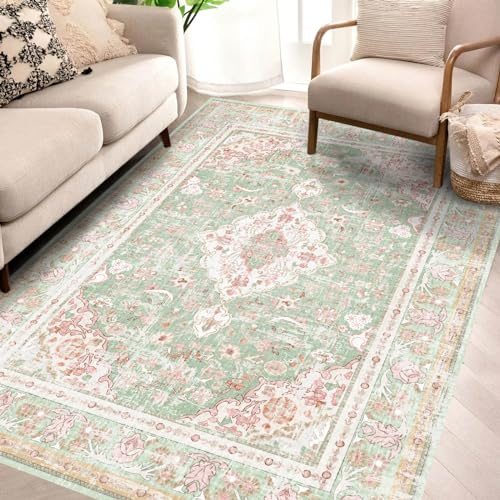 Vhong Waschbarer Teppich, Boho, Vintage, modern, neutral, kleiner Teppich, Grün und Rosa, stark frequentiert, für Esszimmer, Wohnzimmer, Schlafzimmer, Bauernhaus, rutschfest