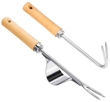 Morocket 2 Pcs Extractor de Maleza de Acero Inoxidable,Extractor de Malas Hierbas Weeder de Mano de Jardín,Escardador con Mango de Madera para Desherbar,Trasplantar,Cavar,Podar,Cortar