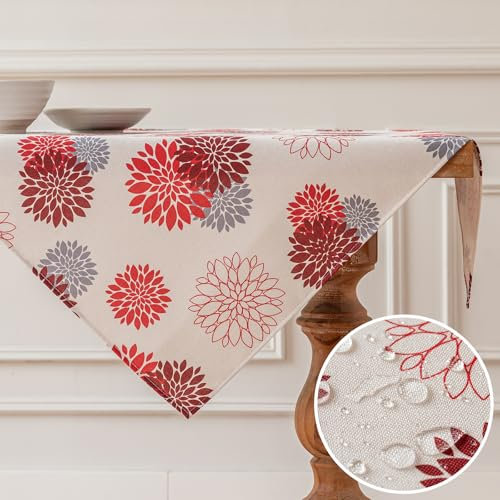 Vorysum Tischdecke Modern Blumen Rot Dahlien Tischwäsche Modern Wasserabweisend Leinen，Dekoration Tischläufer Outdoor Sommer Garten für Hochzeit Esszimmer Party Urlaub Dekor 85 x 85 cm