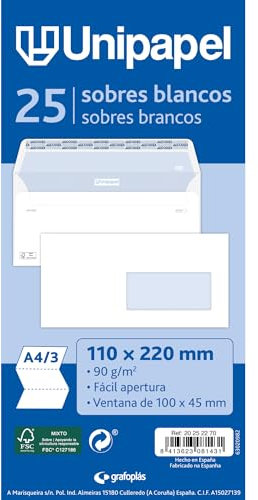 Unipapel Packung mit 25 Umschlägen mit rechtem Fenster | 110 x 220 mm | gerader Verschluss mit selbsthaftendem Silikonstreifen Autodesk | weißes Papier 90 g | einfaches Öffnen | FSC | perfekt für