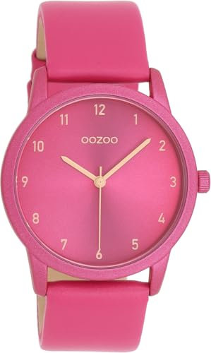 Oozoo - Timepieces Damen Uhr in Fuchsia/Peach pink | Armbanduhr Damen mit Lederarmband | Moderne Uhr für Frauen | Edle Analog Damenuhr in rund C11080 (38mm Gehäuse)