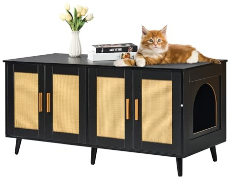 VEVOR Muebles de Baño Oculto para 2 Gatos 1,19 x 0,5 x 0,55 m Casa de Inodoro con Puertas Decoradas de Ratán Armario de Madera para Ocultar Las Cajas de Arena, Negro