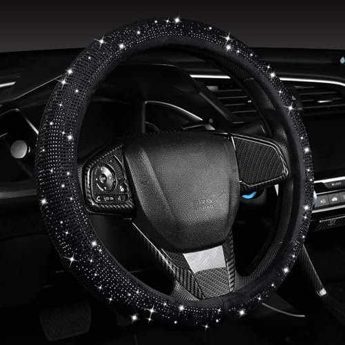 Auto-Lenkradbezug mit glitzernden Diamanten, schwarze Strasssteine, Universalgröße, passend für 37–38 cm, glitzernd, atmungsaktiv, Autozubehör, Lenkradschutz für Damen