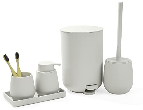 GAHEFY Set di accessori da bagno beige, set di accessori per il bagno, set decorativo, set da 5 pezzi, dispenser per sapone, porta spazzolino, spazzola per il bagno, lavandino (beige)