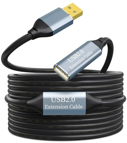 Active USB 2.0 Extension Cable 20M/65FT USB-A Male/Female, 480Mbps, 2 Chips | Dual FE1.1s boosters, pure copper core, 5-layer shielding and gold-plated connectors ensure stable data over 20M; data only