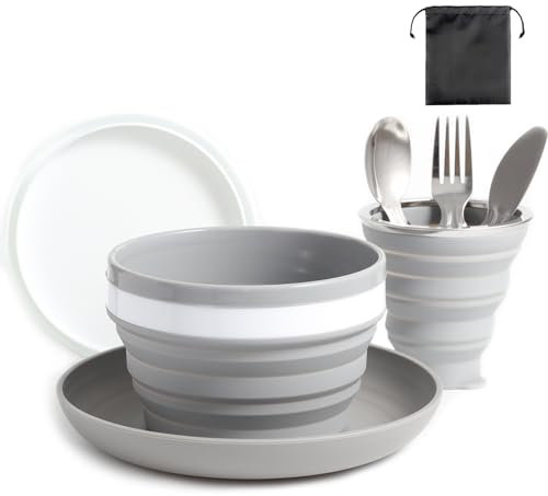 Lafuntar Camping Plate Bowl Cup Cutlery Set for 1, Folding Portable Camping Plates and Bowls Set, Crockery Sets for Hiking, Travel & Outdoor.