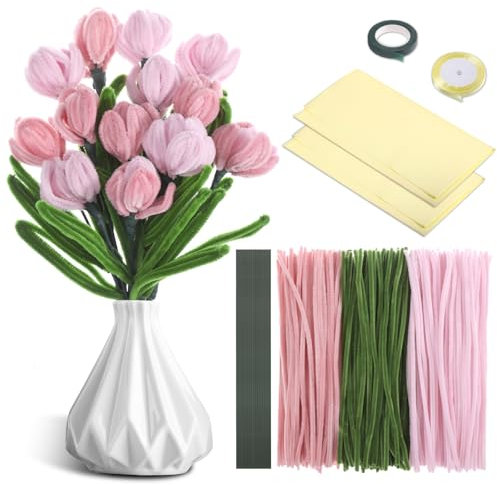 Starvortex 320pcs Pipe Cleaners for Craft Flowers, Pink Tulip Pipe Cleaners Craft Kit with Flower Stems Florist Tape, 30cm Long Flexible Tulip Bouquet Pipecleaners for DIY Craft Home Decorations