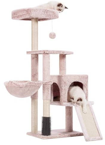 Heybly Arbre à Chat, Brosse de Nettoyage Automatique, Arbre à Chat Domestique Robuste avec Peluche Polie, Chaise Longue, Bac à Litière avec Panneaux et Griffoir, MarronBeige HCT005SMU