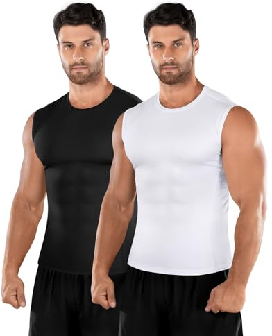 Niksa 2 Pack Men's Compression Shirts Sleeveless Dry Fit Gym Workout Tank Top，Black and White,M