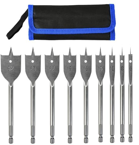 Juego de 9 brocas de pala de 6 a 32 mm, brocas para madera, brocas planas de alta resistencia, vástago hexagonal de cambio rápido de 1/4 pulgadas, bolsa de almacenamiento incluida, kit de brocas de