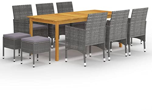 RMIHSJG 11-TLG. Gruppo da giardino grigio in legno di acacia con seduta in rattan PE per terrazza e giardino, con tavolo da pranzo, sedie e sgabelli per mobili da esterno