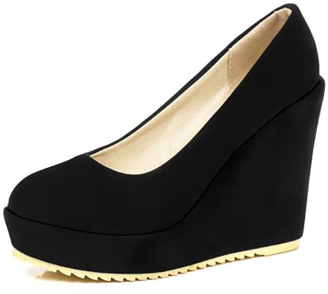 Qynthra Scarpe con Tacco in Suède Piattaforma Tacco a Cuneo Punta Tonda Slip On Scarpe da Ufficio Tacchi da Lavoro Comodi per Lavoro in Ufficio e Business Tacco Alto 11cm,Nero,42 EU