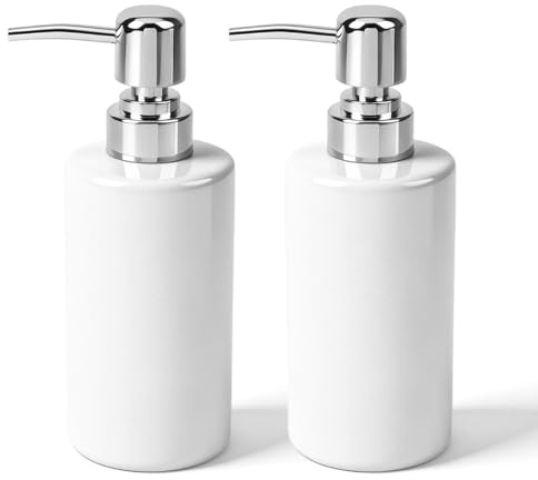2Pcs Soap Dispenser,300ml Ceramic Cylindrical Bottle with Long Spout – Rustproof Pump, Refillable, Sturdy – Versatile for Shampoo, Lotion, Bath Milk, Dish Soap – Bathroom & Kitchen (White)