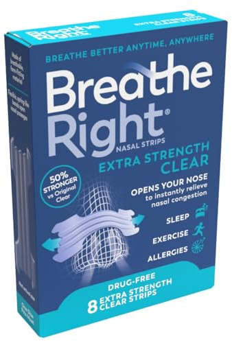 Breathe Right, Extra Strength Clear Nasal Strips, One Size, 8 Pieces | Nasal Strips for Snoring, Nose Strips for Breathing, Blocked Nose Relief, Drug-free Snoring Aid for Men and Women