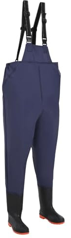 Runheo Pantalon de pêche avec bottes en polyester enduit de PVC, taille 44, bleu, pantalon de pêche imperméable avec bretelles réglables, pantalon de chasse robuste pour la pêche, le travail de
