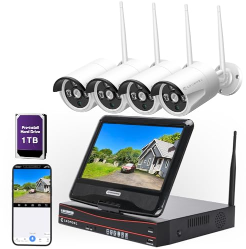 Cromorc 10CH Expandable Wireless Security Camera System with 10.1 Monitor 4pcs 5MP Indoor Outdoor Camera 1-Way Audio Night Vision Motion Detection Home Business CCTV Surveillance 1TB HDD
