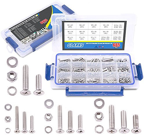 Glarks 665 pcs Acier inoxydable 304 M3 M4 M5 M6 Phillips Vis à tête plate Boulons et écrous Plat joints d'étanchéité Rondelles ressort Assortiment de Lot, filetage complet