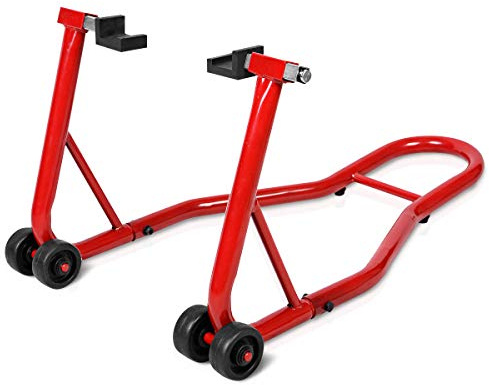 GOPLUS Support Béquille de Moto Vélo pour Roue Arrière, Béquille d'Atelier, Arrière Lève avec 4 Roulettes et Bras Réglable de 28 à 33 CM, Soutenu par Tube Robuste en Acier 80 x 50 x 40 CM (rouge)