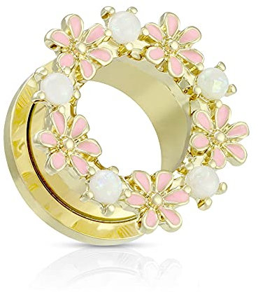 Treuheld® Goldener Flesh Tunnel mit Blumen und Perlen | 6 Größen 6 mm