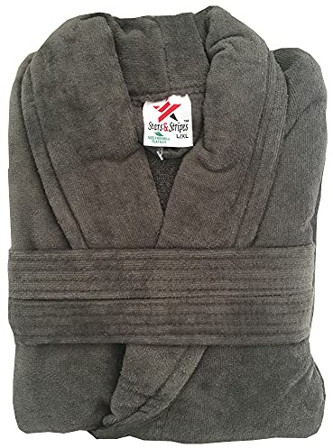 Stars and Stripes Organic Ecological Sustainable Charcoal Grey Cotton Velour Terry Bathrobe (L/XL)