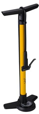 BBB Cycling AirBoost 2.0 Fahrradpumpe mit Druckanzeige | Starke und präzise Standpumpe | Kompatibel mit Presta, Schrader und Dunlop | 90 cm Hochdruckschlauch aus Gummi | Gelb | BFP-28