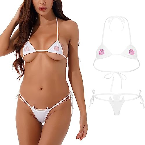 VicSec Women Micro Bikini Cat Embroidery Kawaii Swimsuit Small Bra Panty | Cute Paw Japanese Anime Lingerie Tiny String Tie Side Thong Triangle Halter Sliding Top for Party Photo Shoot