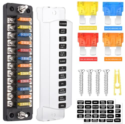 12 Fach Sicherungshalter, 12 Volt Sicherungsblock ATC/ATO KFZ Sicherungskasten 24 Sicherungen Flachsicherungen ohne LED-Anzeige Positiver Negativer für DC 12V/24V Auto LKW Boot VAN SUV Marine Fahrzeug