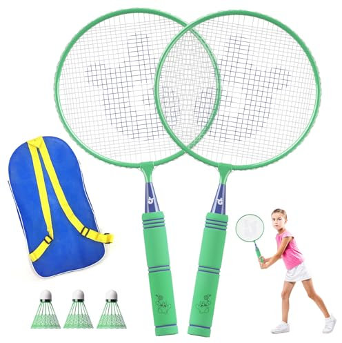 JOY SPOT! Federball Set für Kinder, Kurz Badminton Schläger Set mit Tasche für Junior, Sportspiel für 2 Spieler für Indoor Outdoor im Garten, Schule, Büro (Grün)