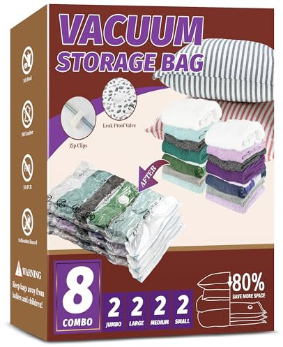 Space Saver Bags, Vacuum Storage Bags, Compression for Blankets and Bedding, Clothes Sealer Storage, No Pump Included (8 Combo)