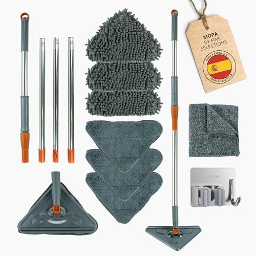 FINE SELECTIONS®️ Mopa para Limpiar Azulejos y Paredes | Mopa Triangular giratoria 360 | Kit con Almohadillas de Chenilla y Microfibra | Trapo de Fibra de Bambú y Colgador de Acero Inoxidable