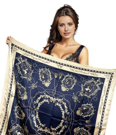 LA FERANI Designer Damen Seidentuch klassisch Halstuch Seide Chiffon formelle Anlässe Tuch Umschlagtuch leicht 90x90cm Bandana Geschenk Stola Tochter Mutter (blau)
