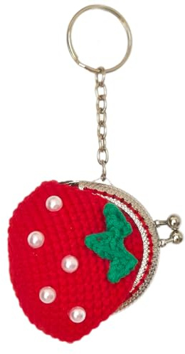 SAISIFEN Portamonete in lana all'uncinetto, borsa portatile con perle da polso, portamonete con chiusura a pancia grande per donne, portamonete lavorato a maglia con chiusura a bacio, Borsa Fragola,