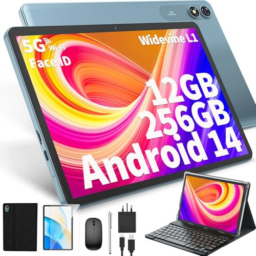 JJGJ Android 14 Tablet mit Tastatur, 10 Zoll mit 24GB+256GB, 1TB Expand, 8-Core, 8000mAh, 5G WiFi, Widevine L1, GMS, Gesichtserkennung, 2 in 1 Tablet mit Tastatur, Maus, Stylus(Schwarz)
