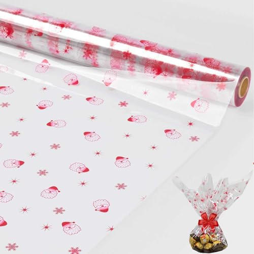 70CM x 50M Rollo de Celofán Navideño Santa Claus Transparente con Diseño, Ideal para Envolver Regalos para Navidad,Año Nuevo,Día de Reyes, Cestas y Decoración, Polipropileno Duradero de Papá Noel